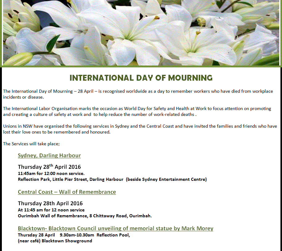 International day of mourning SafeWork NSW 2016